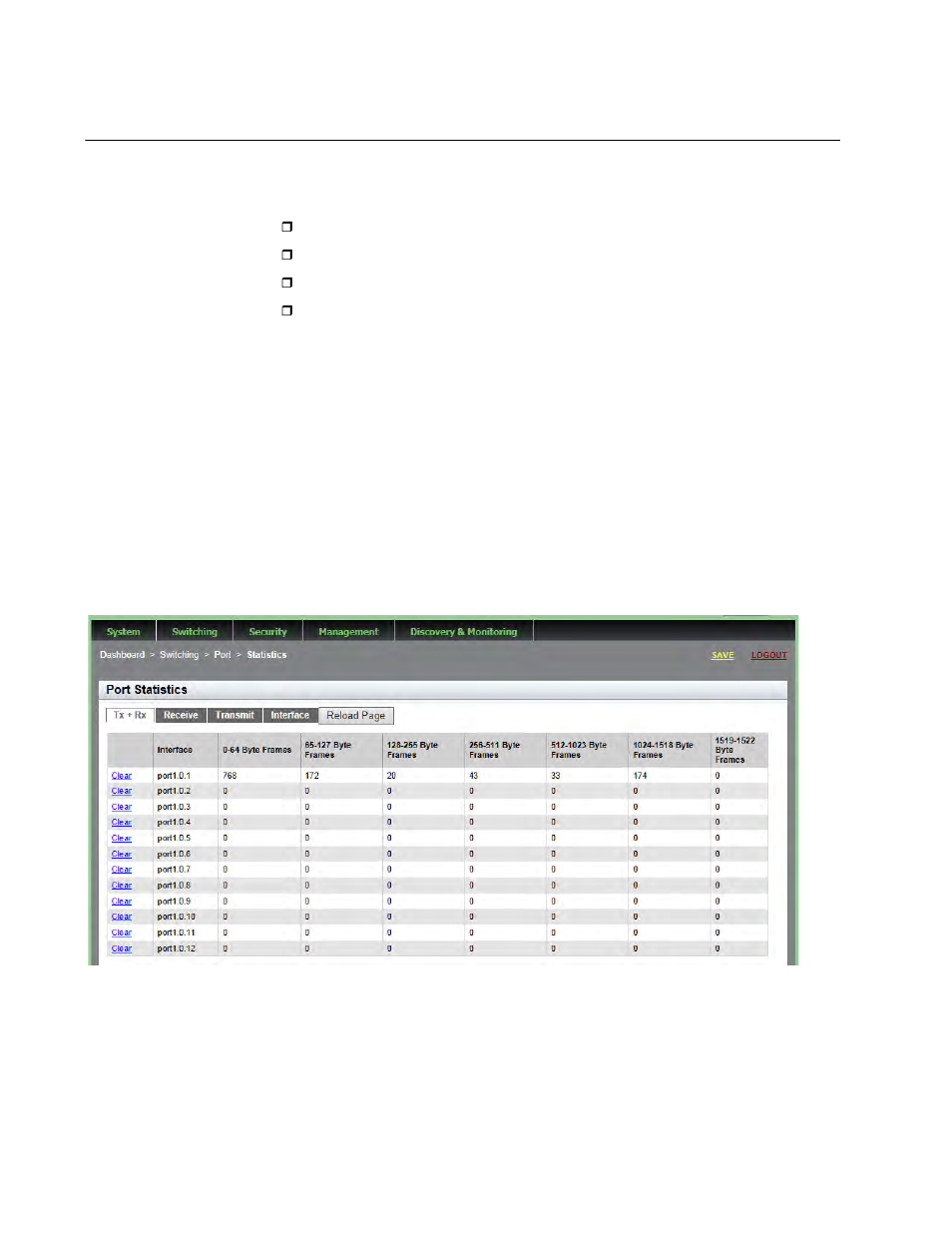 Displaying port statistics, Displaying transmit and receive port statistics | Allied Telesis AT-9000 Series User Manual | Page 72 / 258
