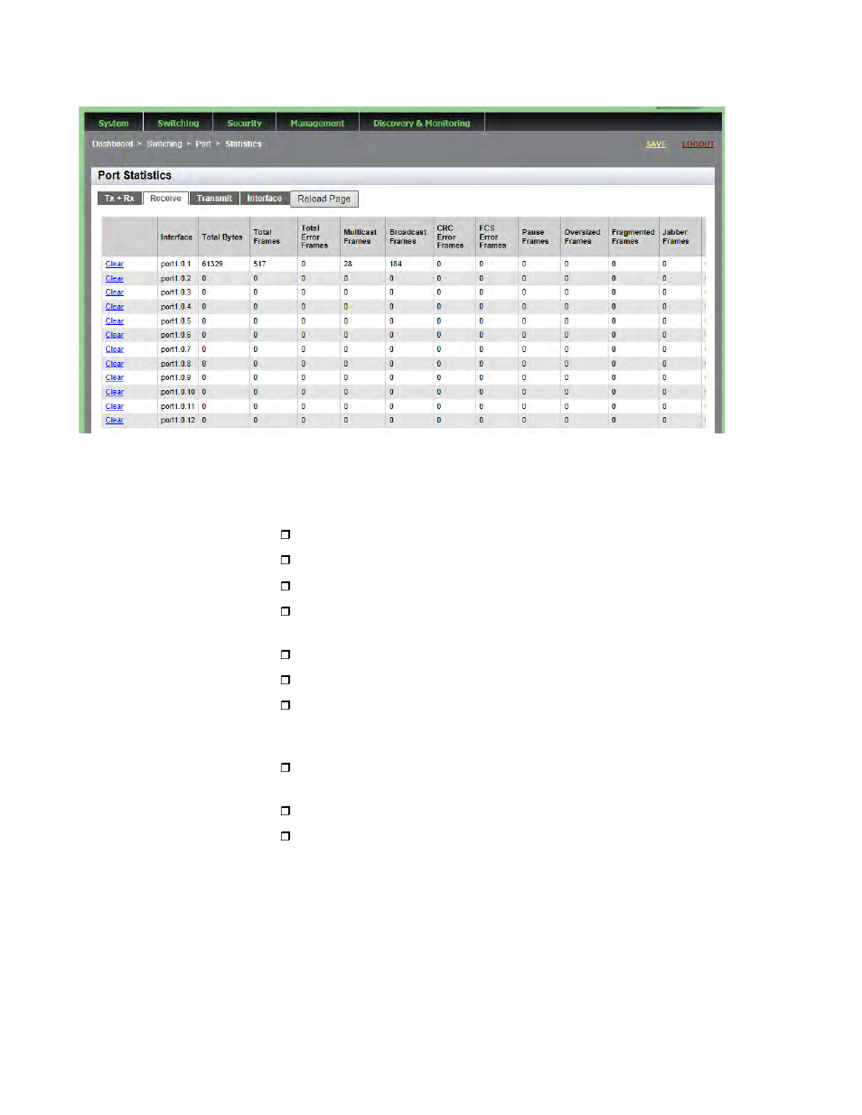 Figure 26: port statistics with receive tab | Allied Telesis AT-9000 Series User Manual | Page 74 / 258