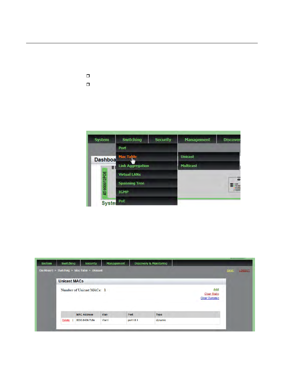 Displaying the mac address, Displaying unicast mac addresses | Allied Telesis AT-9000 Series User Manual | Page 96 / 258