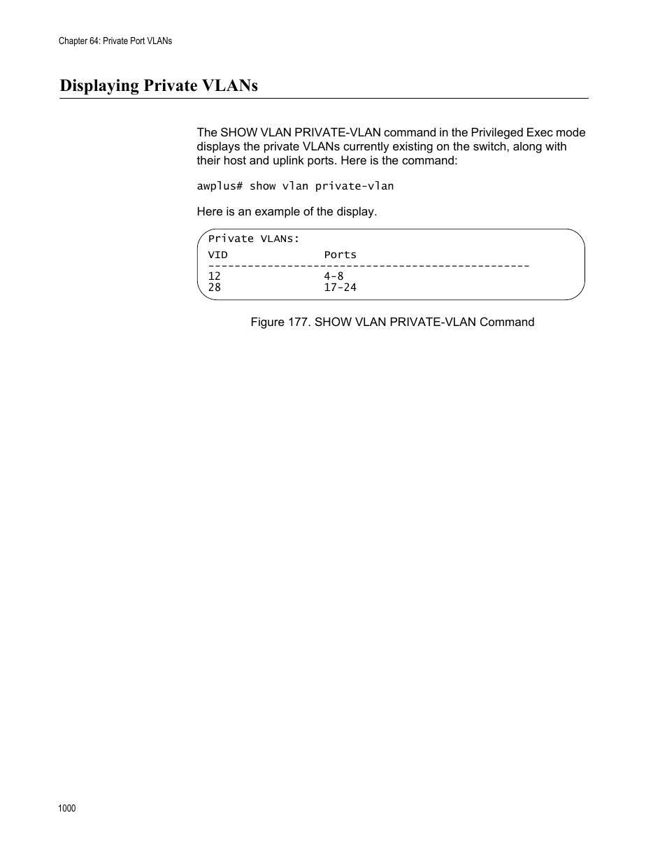 Displaying private vlans 0, Figure 177. show vlan private-vlan command 0, Displaying private vlans | Allied Telesis AT-FS970M Series User Manual | Page 1000 / 1938