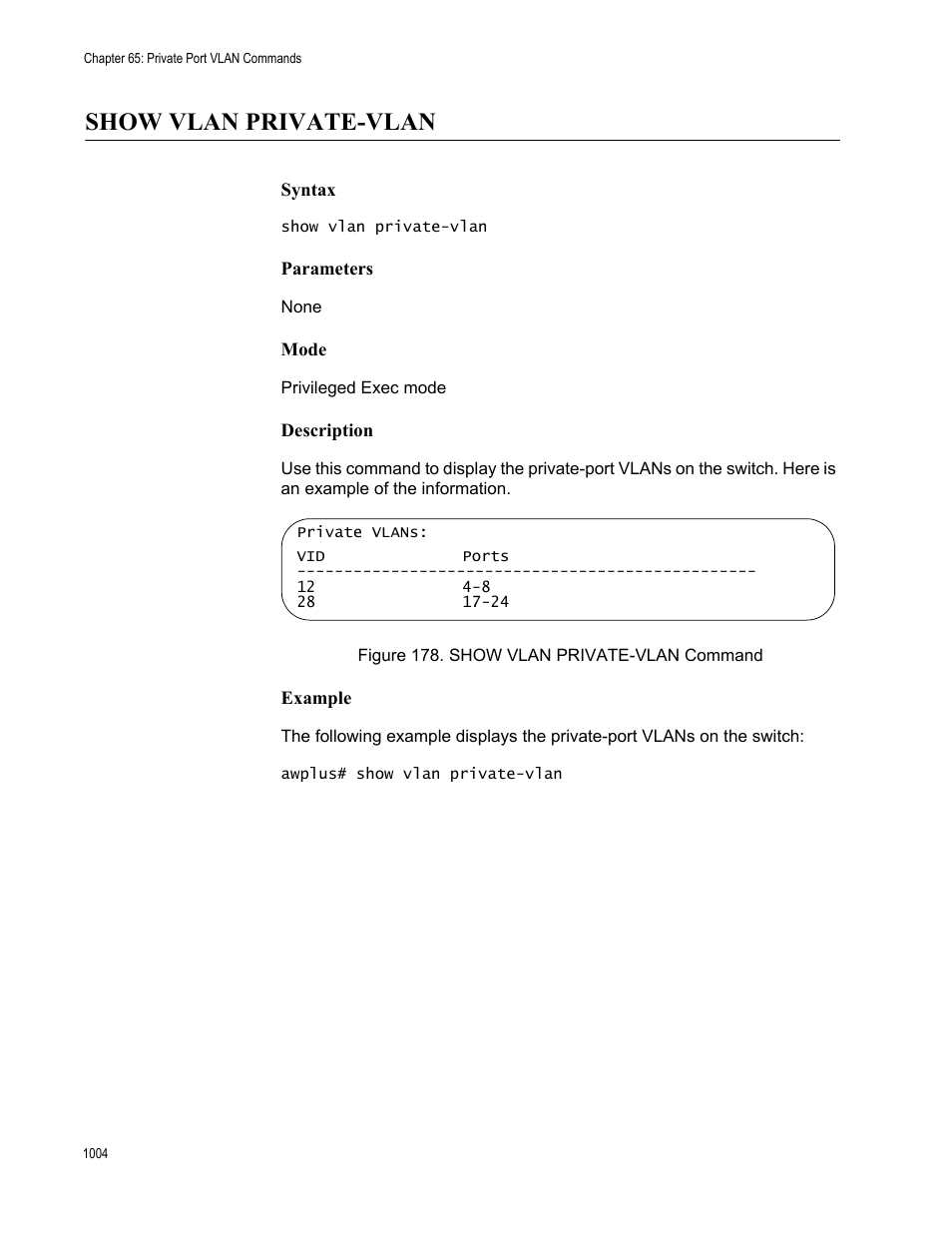 Show vlan private-vlan 4, Figure 178. show vlan private-vlan command 4, Show vlan private-vlan | Allied Telesis AT-FS970M Series User Manual | Page 1004 / 1938