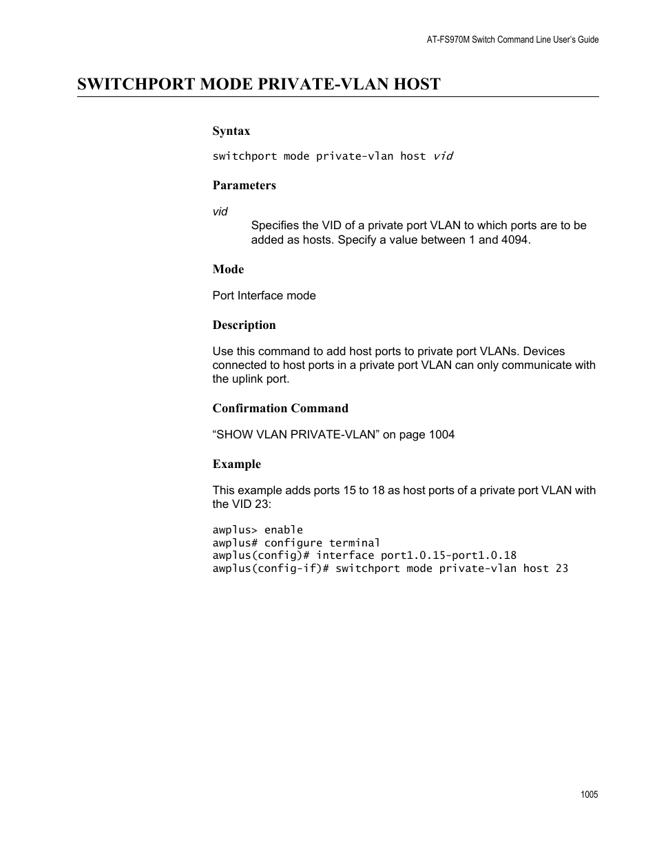 Switchport mode private-vlan host 5, Switchport mode private-vlan host | Allied Telesis AT-FS970M Series User Manual | Page 1005 / 1938