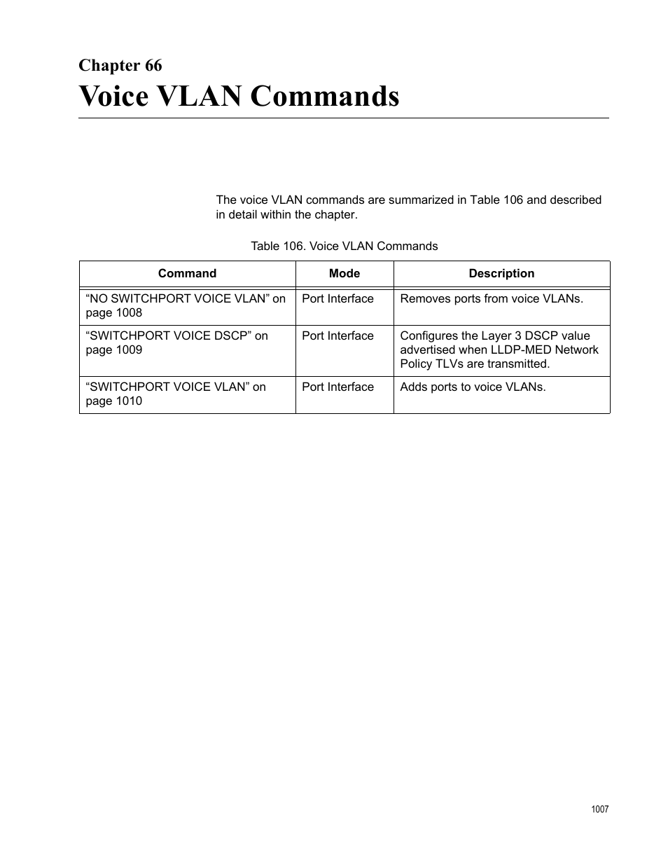 Chapter 66, Voice vlan commands, Table 106. voice vlan commands 7 | Allied Telesis AT-FS970M Series User Manual | Page 1007 / 1938