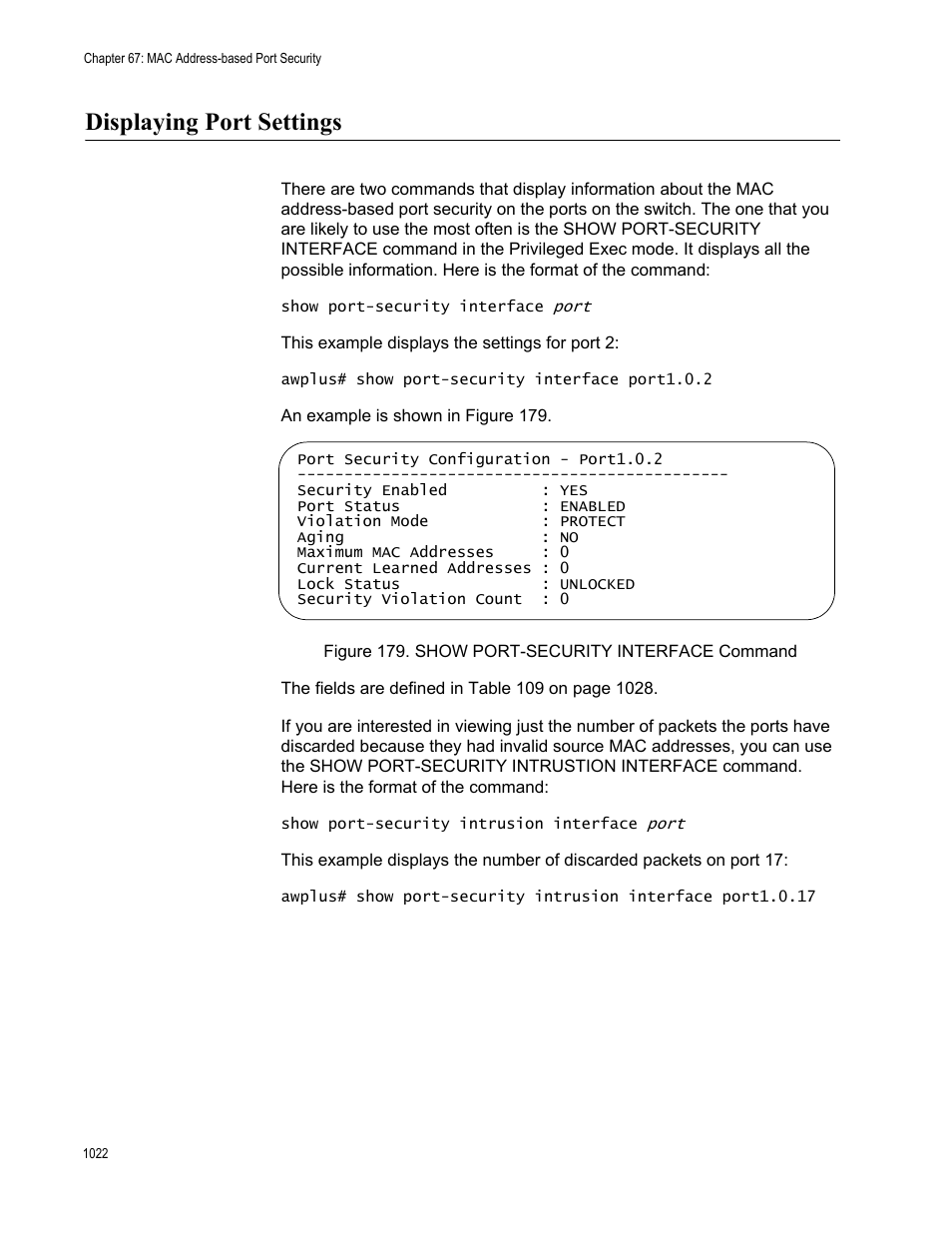 Displaying port settings 2, Figure 179. show port-security interface command 2, Displaying port settings | Allied Telesis AT-FS970M Series User Manual | Page 1022 / 1938