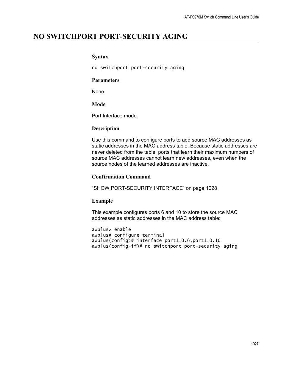 No switchport port-security aging 7, No switchport port-security aging | Allied Telesis AT-FS970M Series User Manual | Page 1027 / 1938