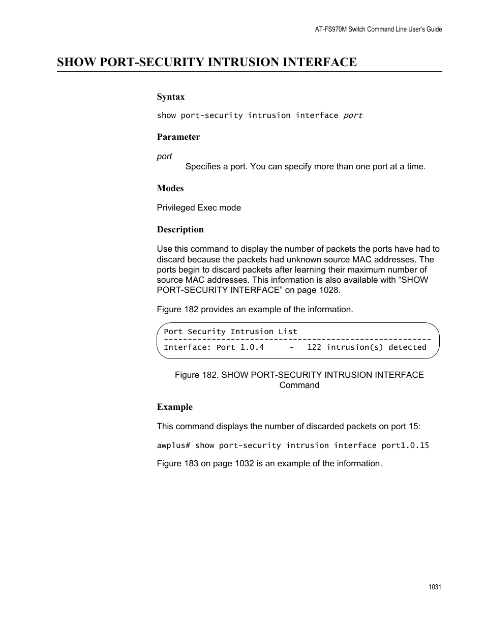 Show port-security intrusion interface 1, Show port-security intrusion interface | Allied Telesis AT-FS970M Series User Manual | Page 1031 / 1938