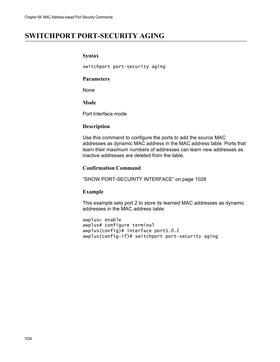 Switchport port-security aging 4, Switchport port-security aging | Allied Telesis AT-FS970M Series User Manual | Page 1034 / 1938