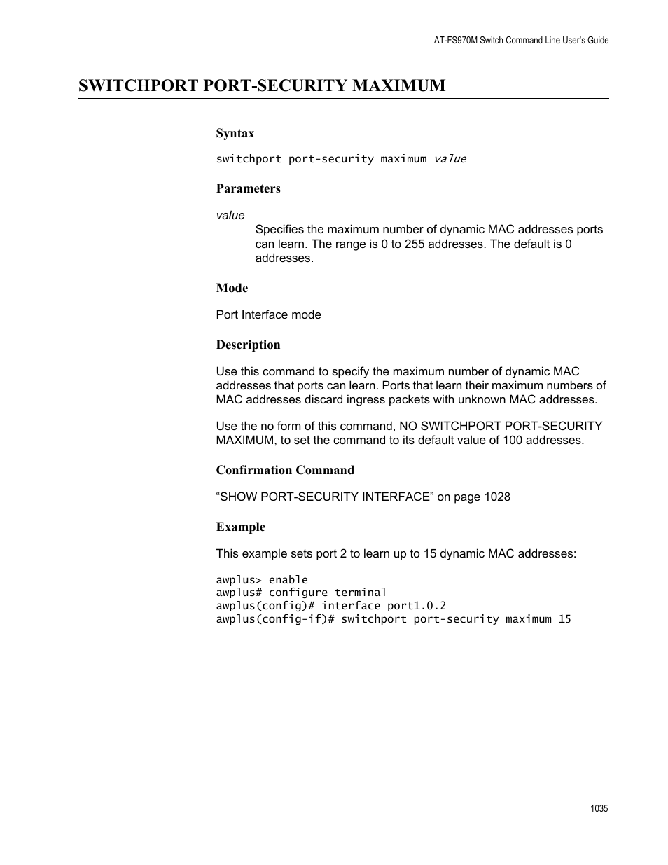 Switchport port-security maximum 5, Switchport port-security maximum | Allied Telesis AT-FS970M Series User Manual | Page 1035 / 1938