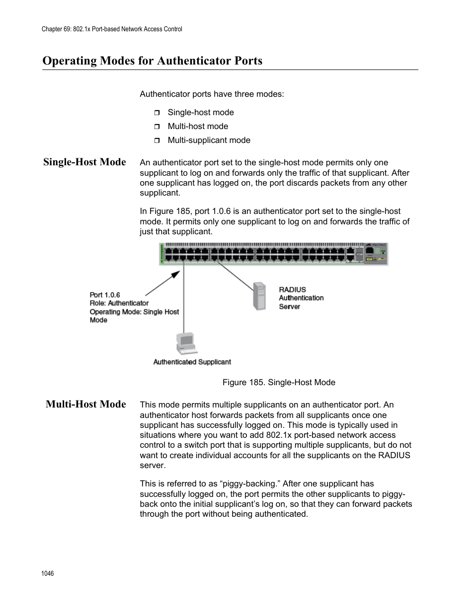 Operating modes for authenticator ports 6, Single-host mode 6 multi-host mode 6, Figure 185. single-host mode 6 | Operating modes for authenticator ports, Single-host mode, Multi-host mode | Allied Telesis AT-FS970M Series User Manual | Page 1046 / 1938