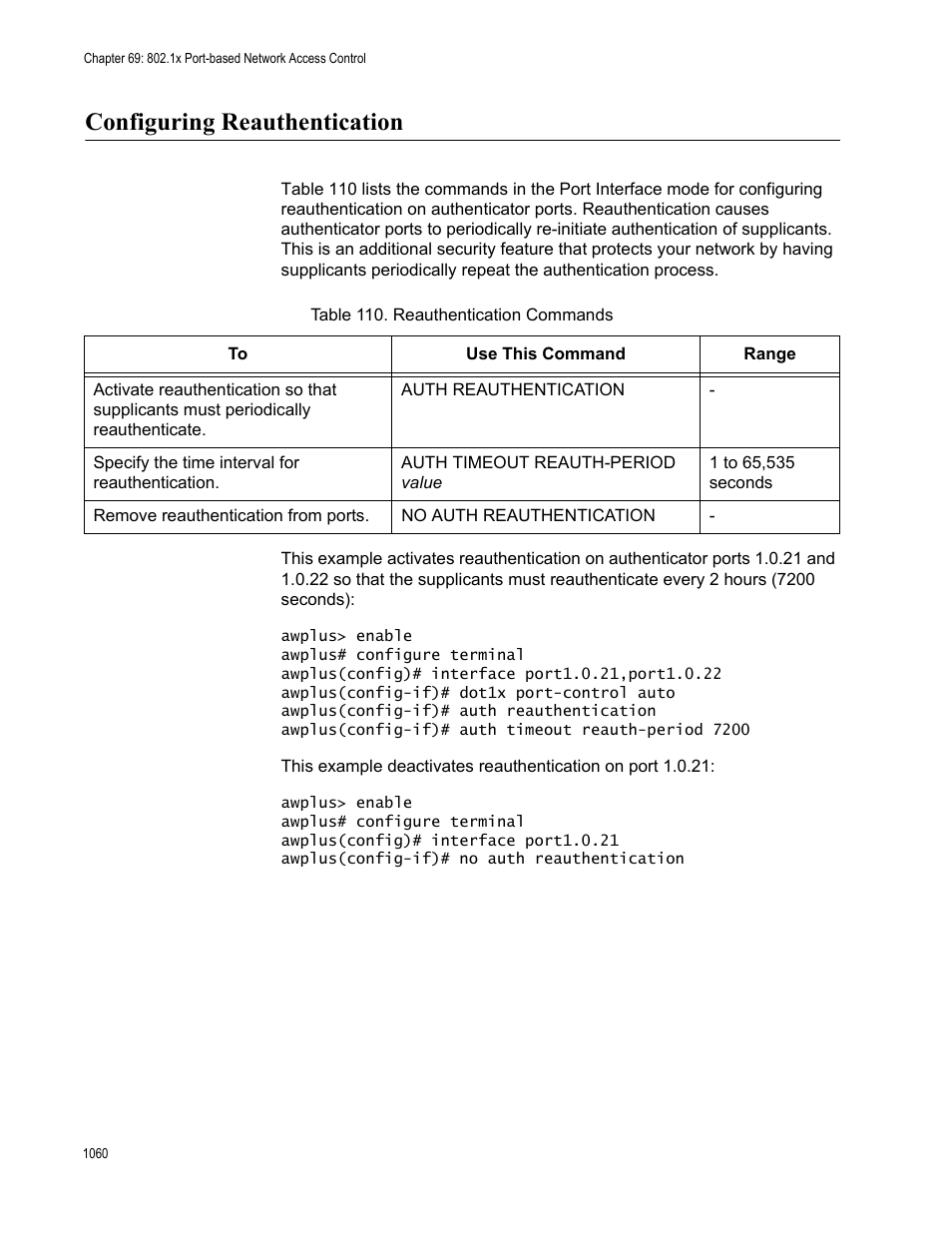 Configuring reauthentication 0, Table 110. reauthentication commands 0, Configuring reauthentication | Allied Telesis AT-FS970M Series User Manual | Page 1060 / 1938
