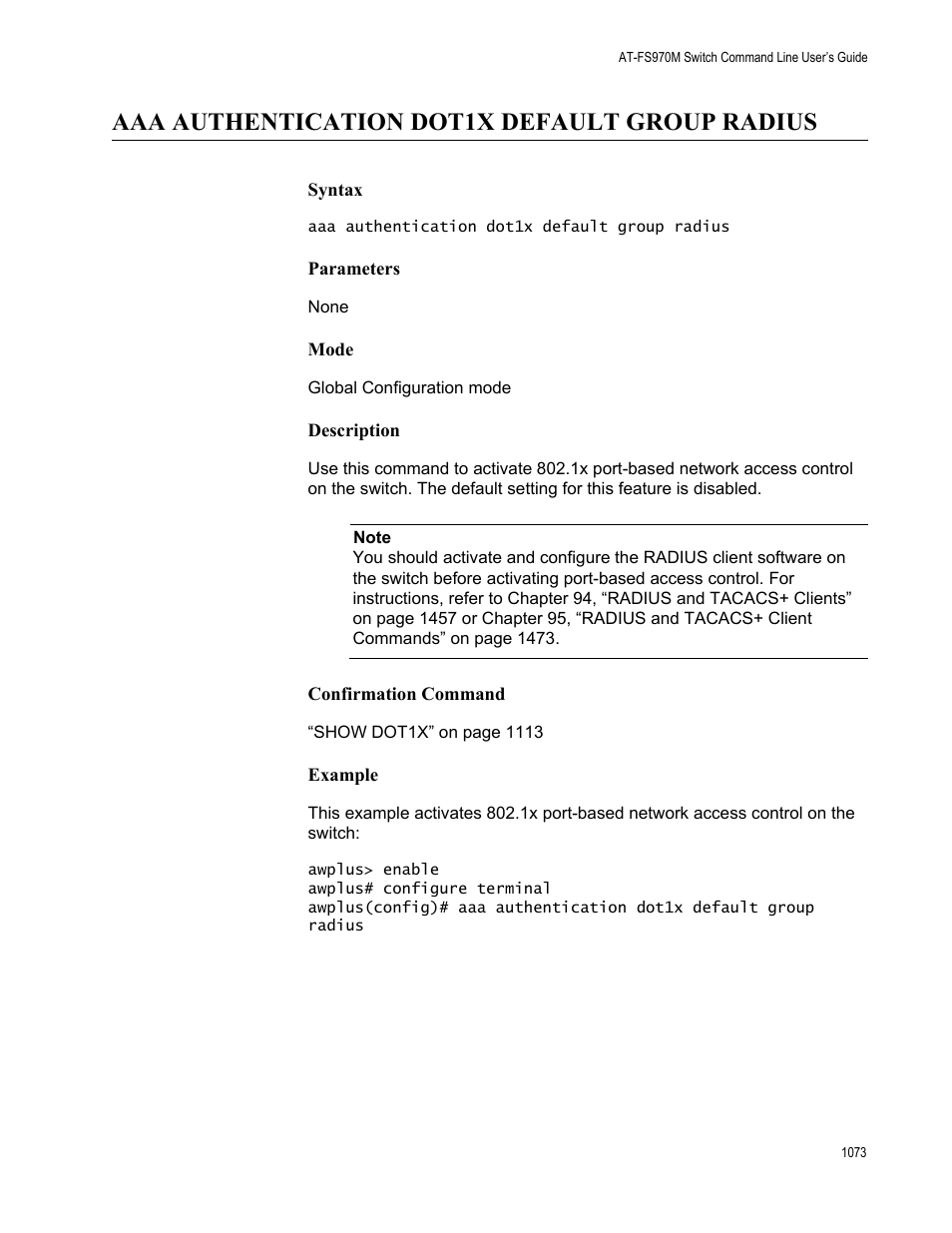 Aaa authentication dot1x default group radius 3, Aaa authentication dot1x default group radius | Allied Telesis AT-FS970M Series User Manual | Page 1073 / 1938