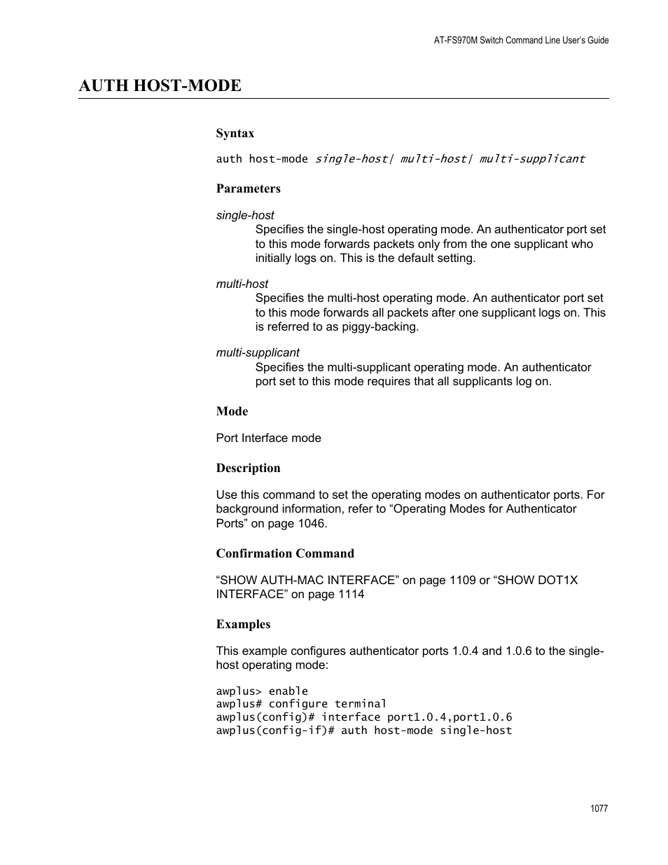 Auth host-mode 7, Auth host-mode | Allied Telesis AT-FS970M Series User Manual | Page 1077 / 1938