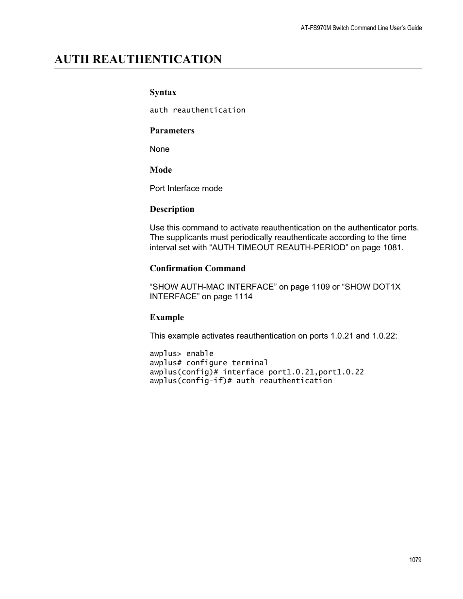 Auth reauthentication 9, Auth reauthentication | Allied Telesis AT-FS970M Series User Manual | Page 1079 / 1938