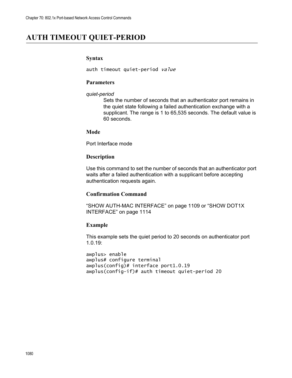 Auth timeout quiet-period 0, Auth timeout quiet-period | Allied Telesis AT-FS970M Series User Manual | Page 1080 / 1938