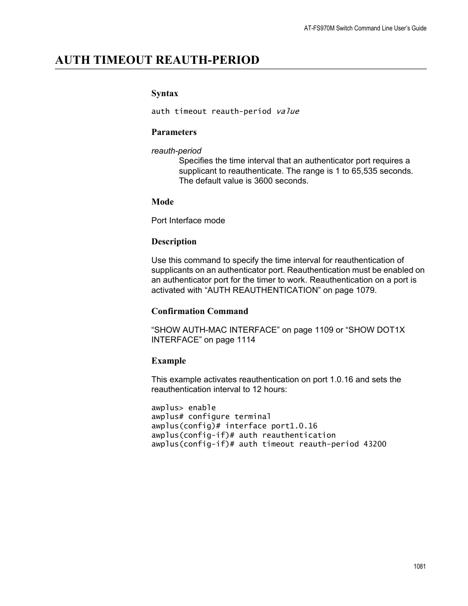 Auth timeout reauth-period 1, Auth timeout reauth-period | Allied Telesis AT-FS970M Series User Manual | Page 1081 / 1938