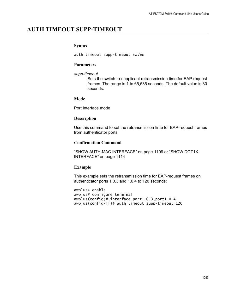 Auth timeout supp-timeout 3, Auth timeout supp-timeout | Allied Telesis AT-FS970M Series User Manual | Page 1083 / 1938