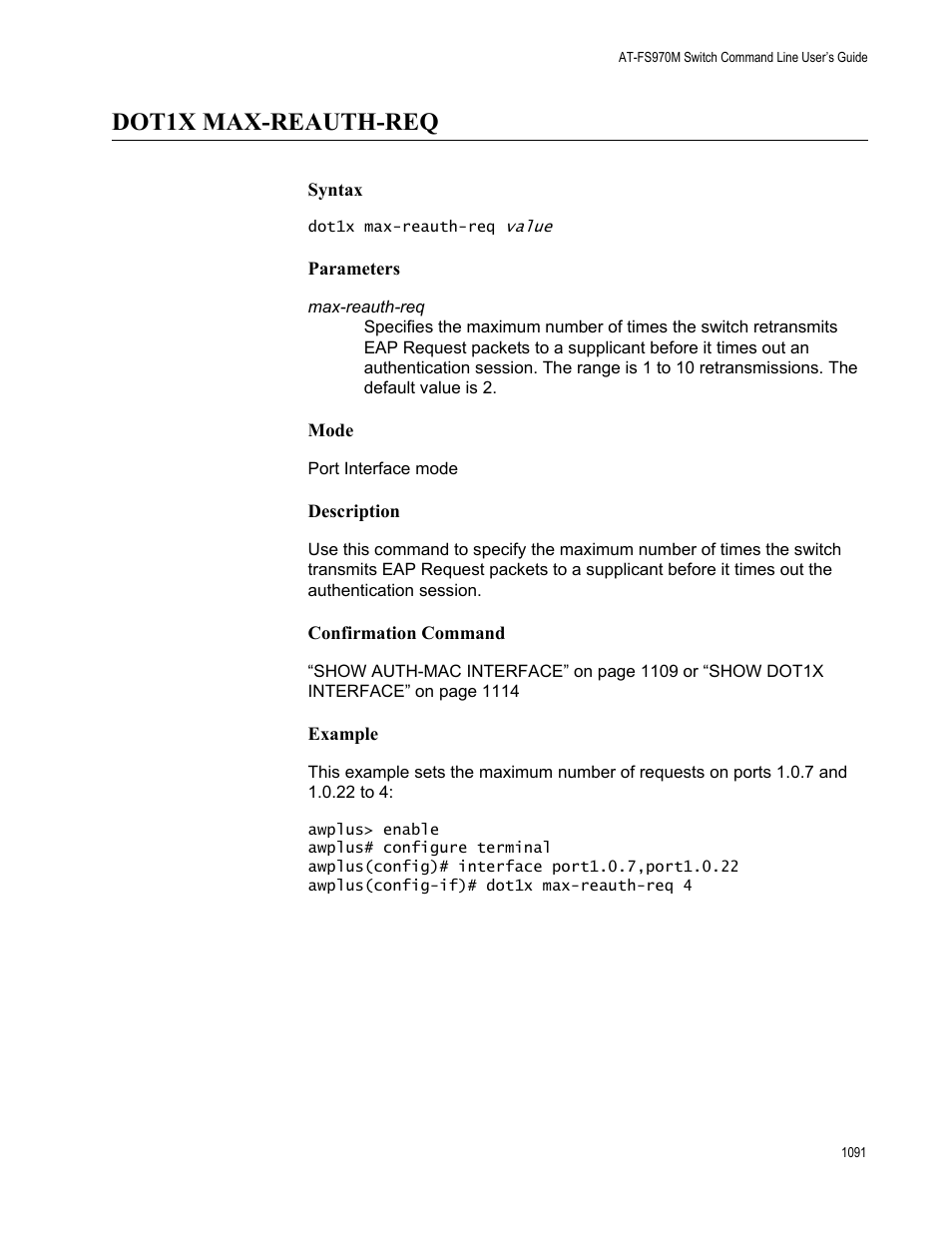 Dot1x max-reauth-req 1, Dot1x max-reauth-req | Allied Telesis AT-FS970M Series User Manual | Page 1091 / 1938