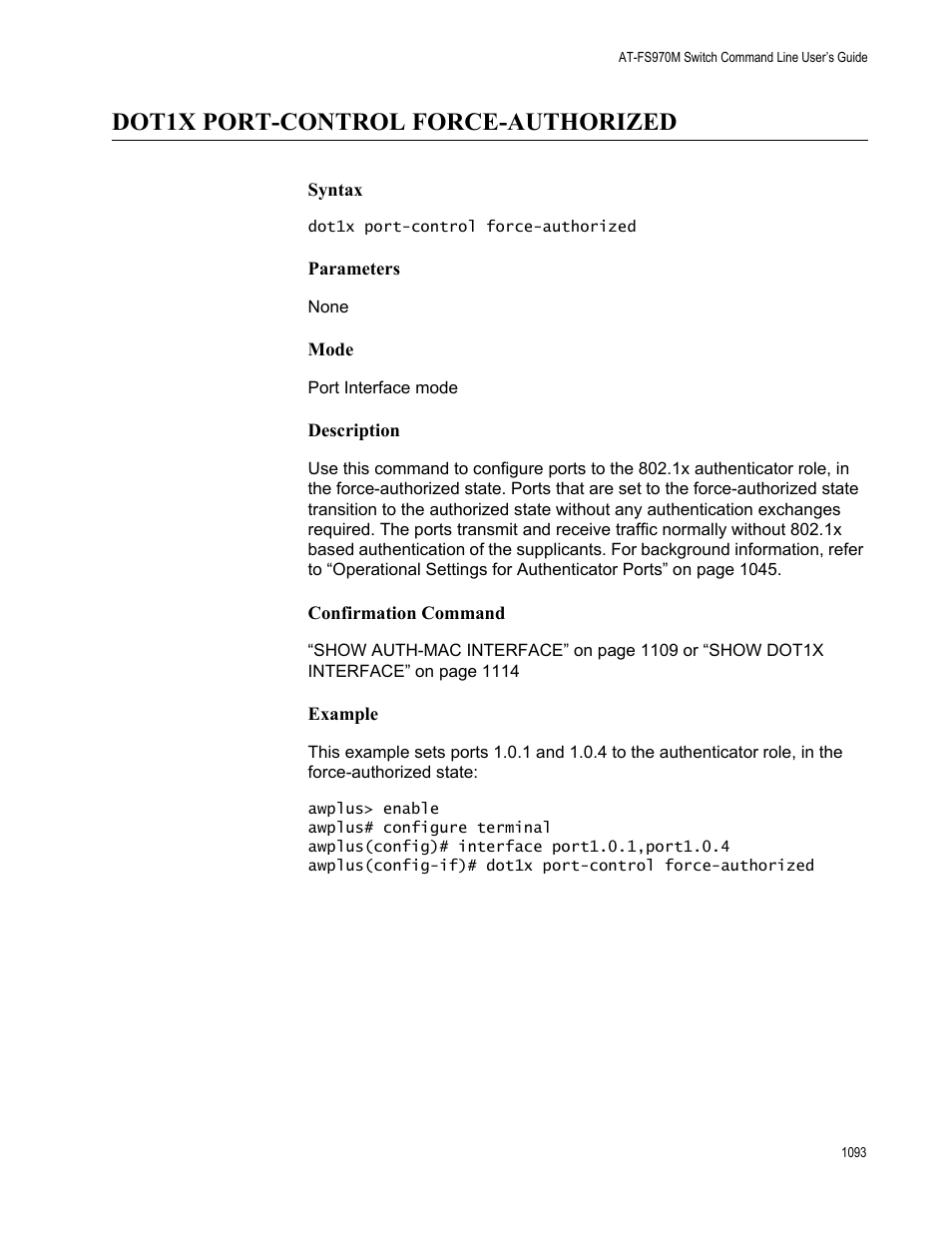 Dot1x port-control force-authorized 3, Dot1x port-control force-authorized | Allied Telesis AT-FS970M Series User Manual | Page 1093 / 1938