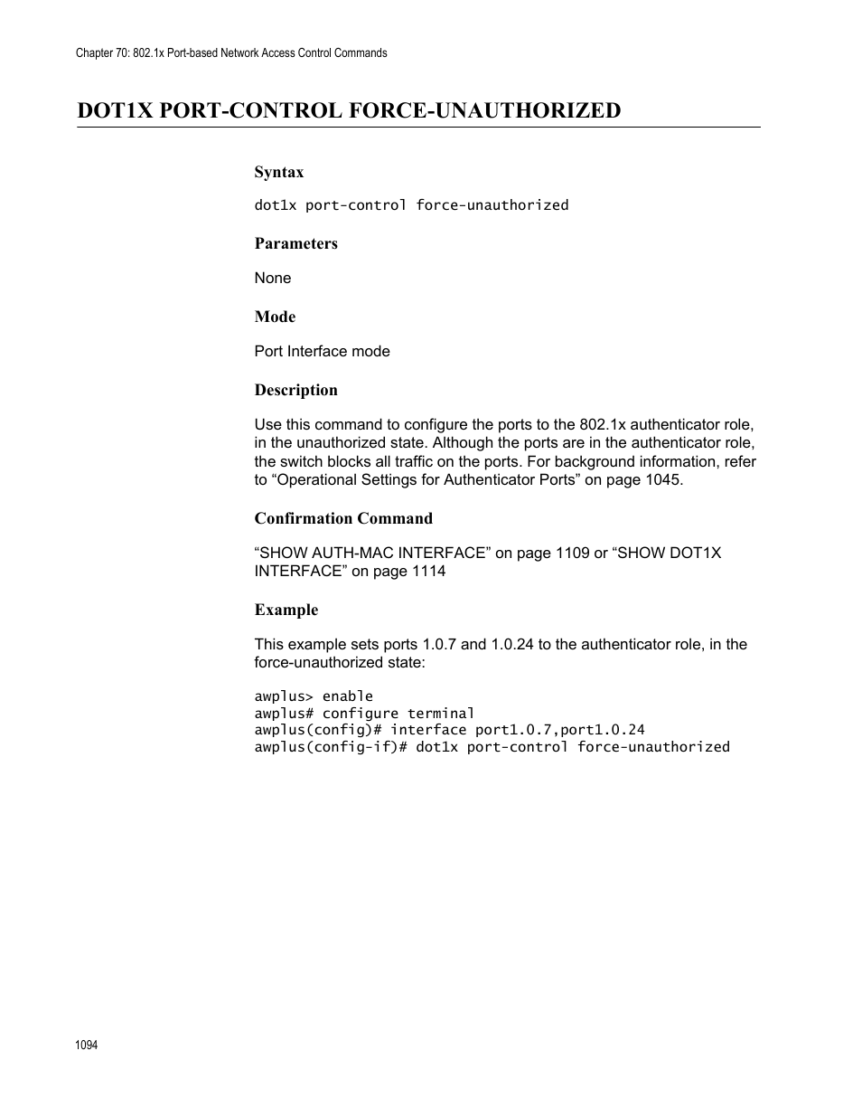 Dot1x port-control force-unauthorized 4, Dot1x port-control force-unauthorized | Allied Telesis AT-FS970M Series User Manual | Page 1094 / 1938