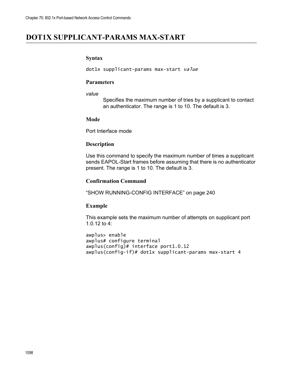 Dot1x supplicant-params max-start 8, Dot1x supplicant-params max-start | Allied Telesis AT-FS970M Series User Manual | Page 1098 / 1938