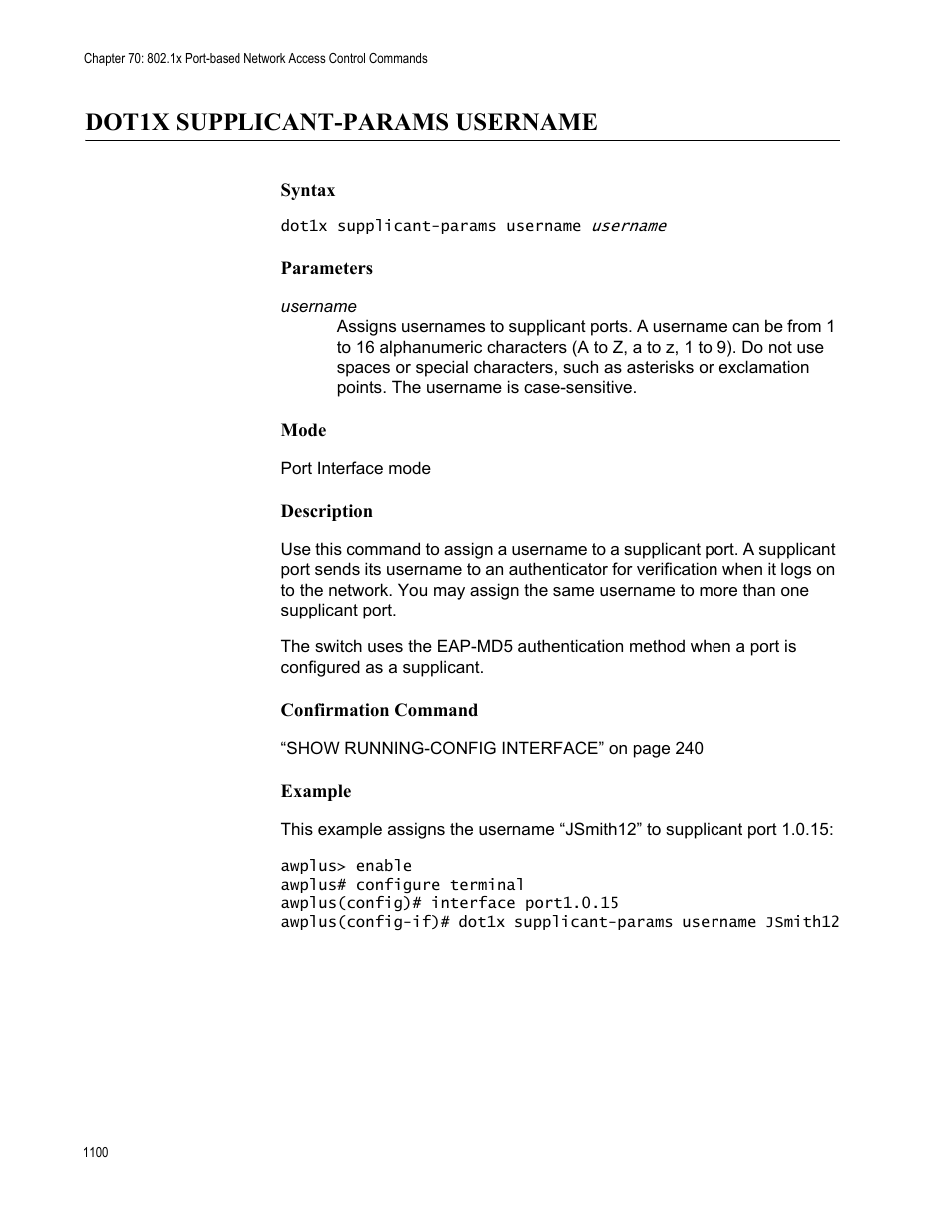 Dot1x supplicant-params username 0, Dot1x supplicant-params username | Allied Telesis AT-FS970M Series User Manual | Page 1100 / 1938