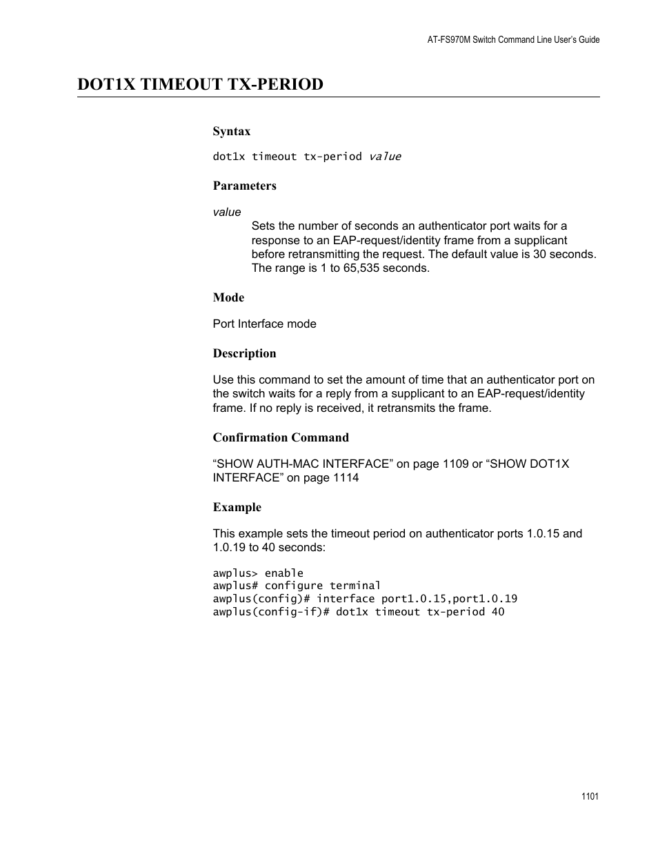 Dot1x timeout tx-period 1, Dot1x timeout tx-period | Allied Telesis AT-FS970M Series User Manual | Page 1101 / 1938