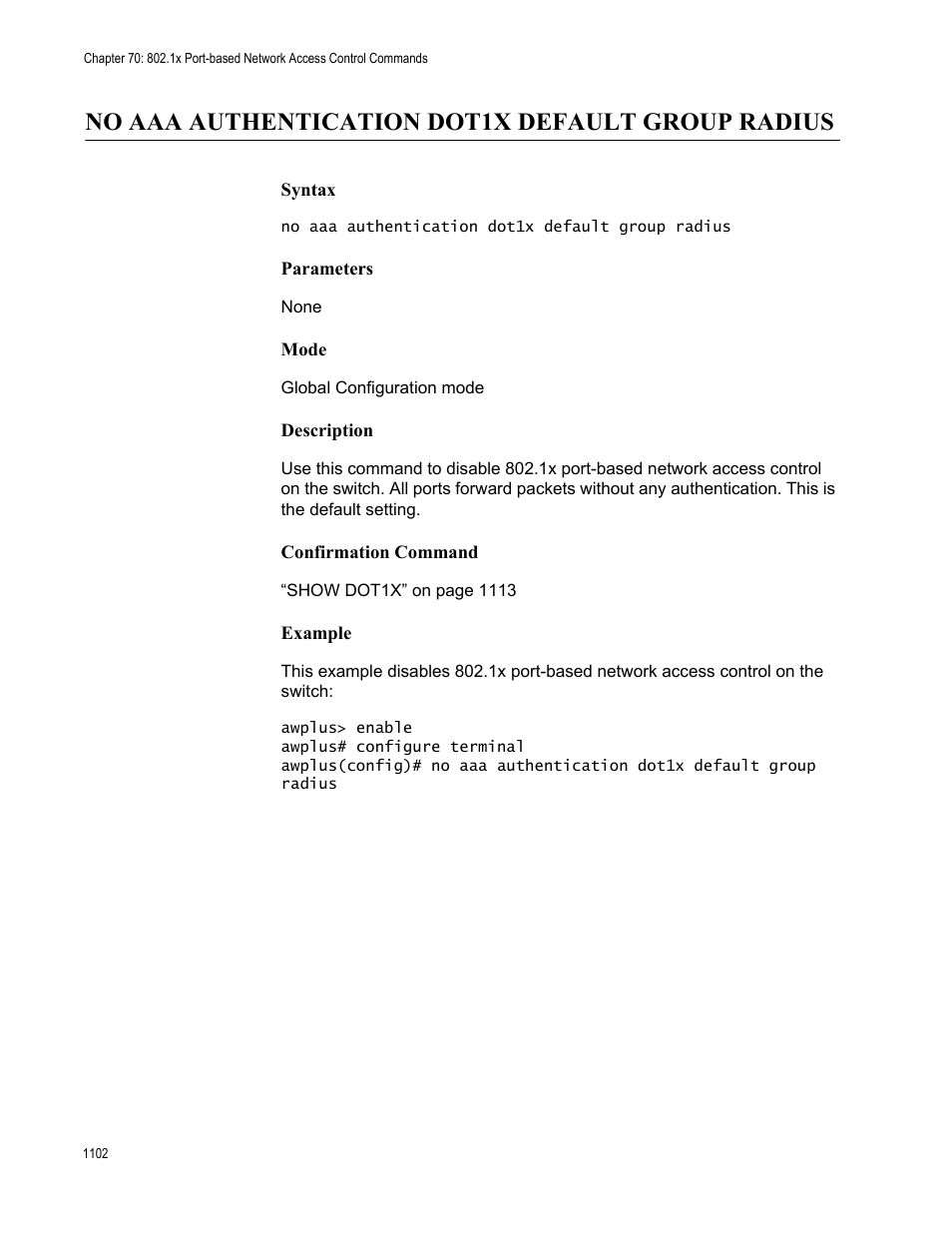 No aaa authentication dot1x default group radius 2, No aaa authentication dot1x default group radius | Allied Telesis AT-FS970M Series User Manual | Page 1102 / 1938