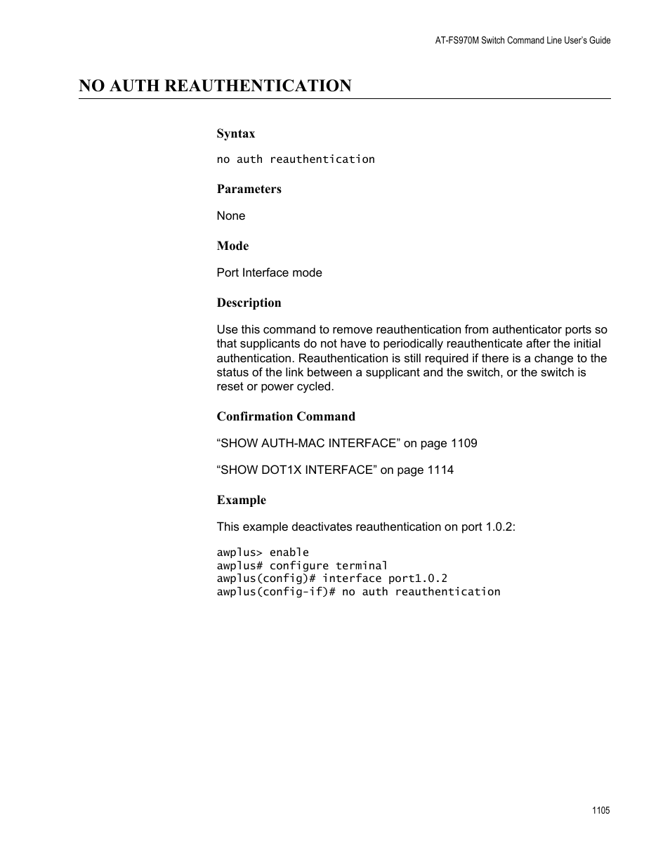 No auth reauthentication 5, No auth reauthentication | Allied Telesis AT-FS970M Series User Manual | Page 1105 / 1938