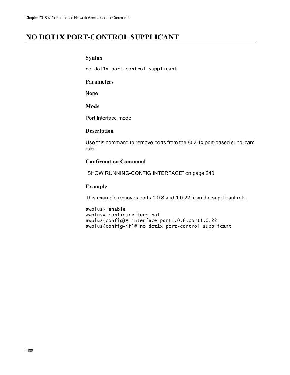 No dot1x port-control supplicant 8, No dot1x port-control supplicant | Allied Telesis AT-FS970M Series User Manual | Page 1108 / 1938
