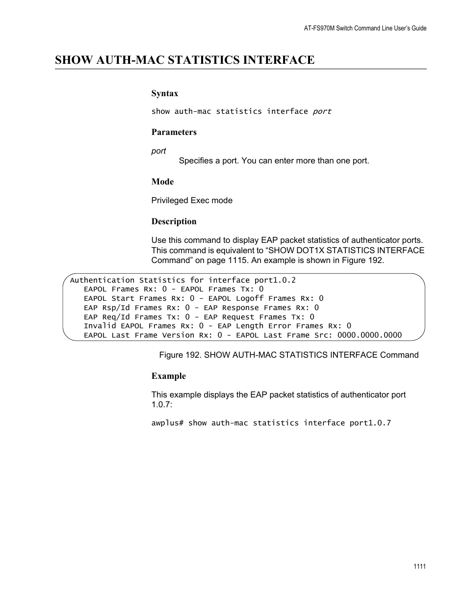 Show auth-mac statistics interface 1, Show auth-mac statistics interface | Allied Telesis AT-FS970M Series User Manual | Page 1111 / 1938