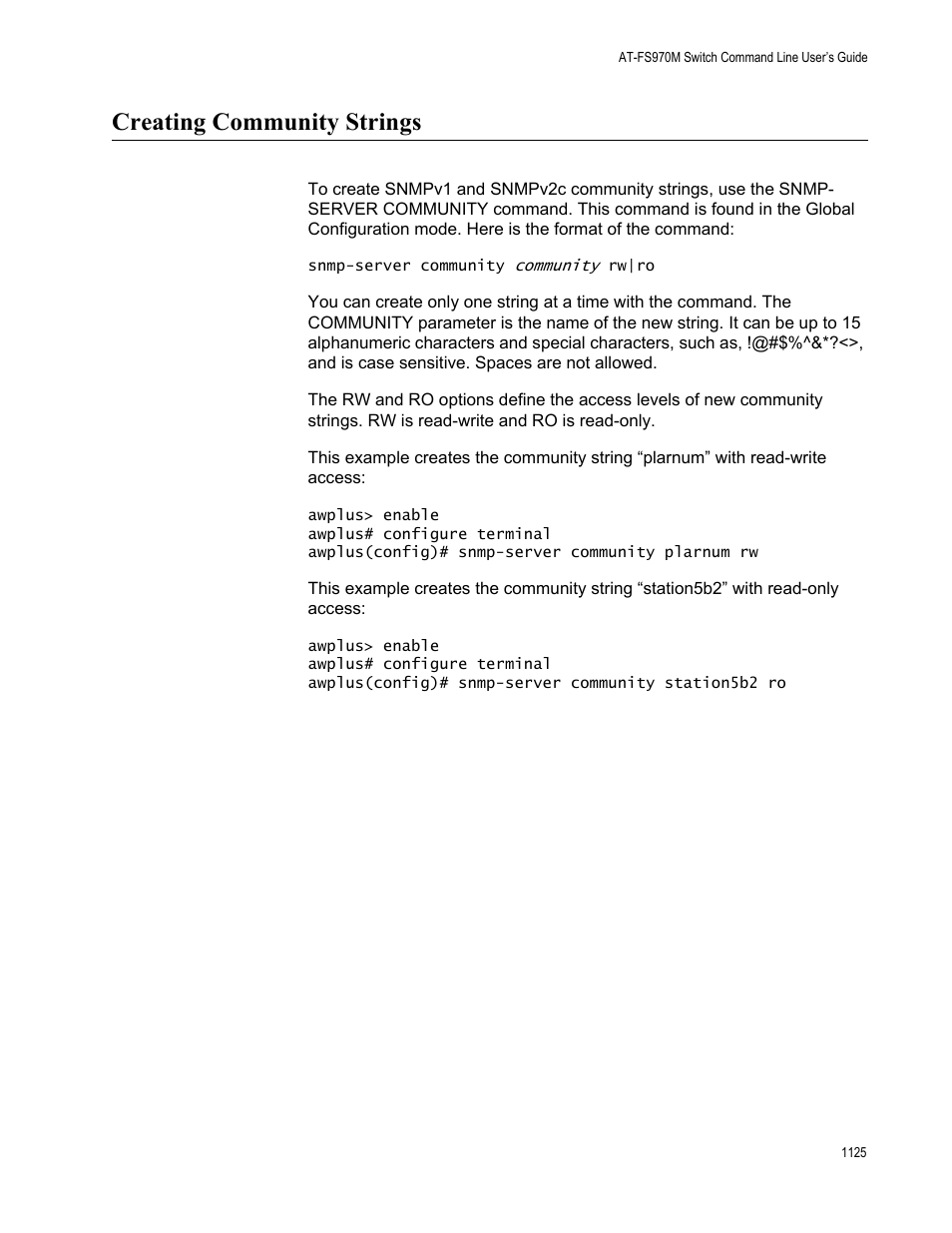 Creating community strings 5, Creating community strings | Allied Telesis AT-FS970M Series User Manual | Page 1125 / 1938