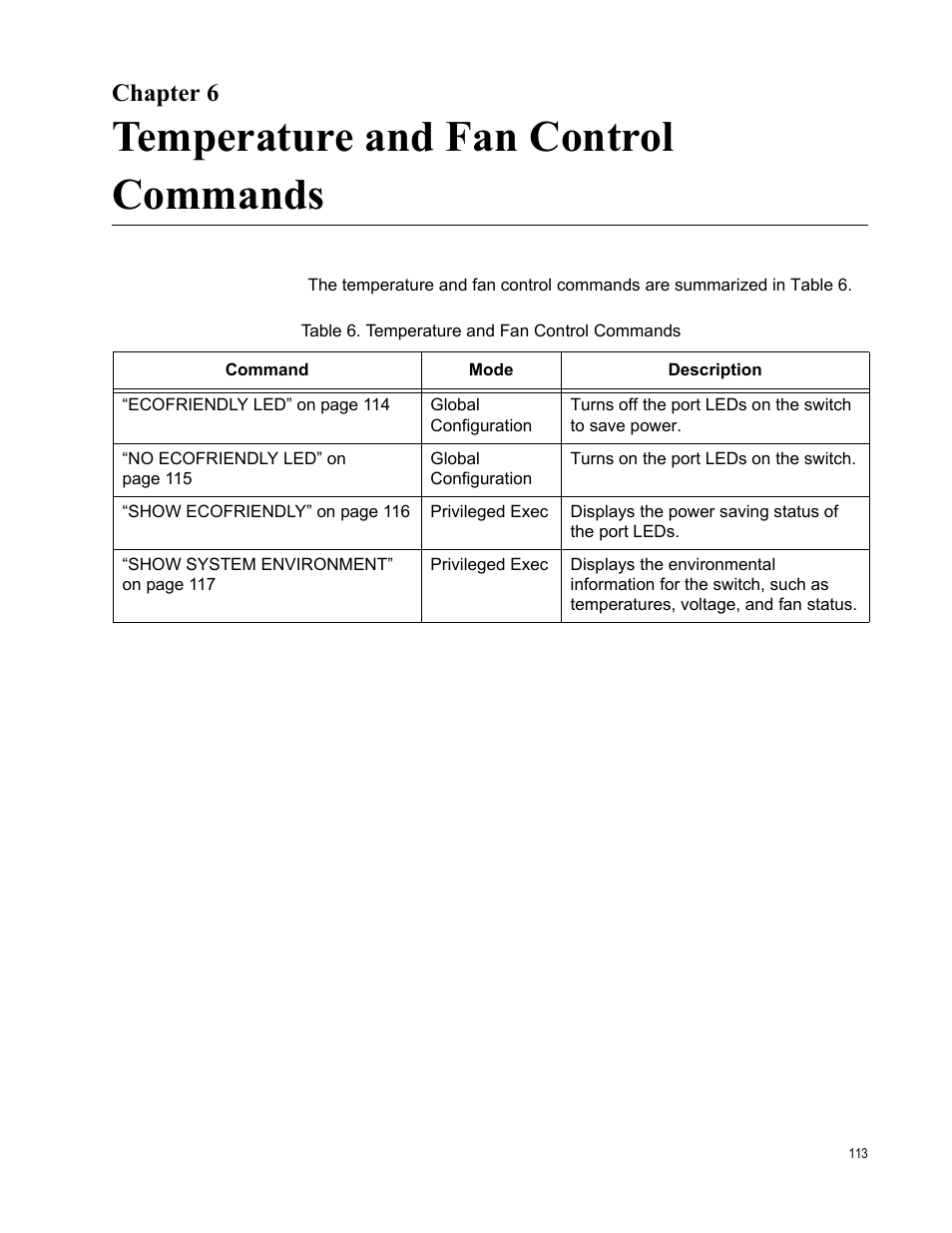 Chapter 6, Temperature and fan control commands, Table 6. temperature and fan control commands | Allied Telesis AT-FS970M Series User Manual | Page 113 / 1938