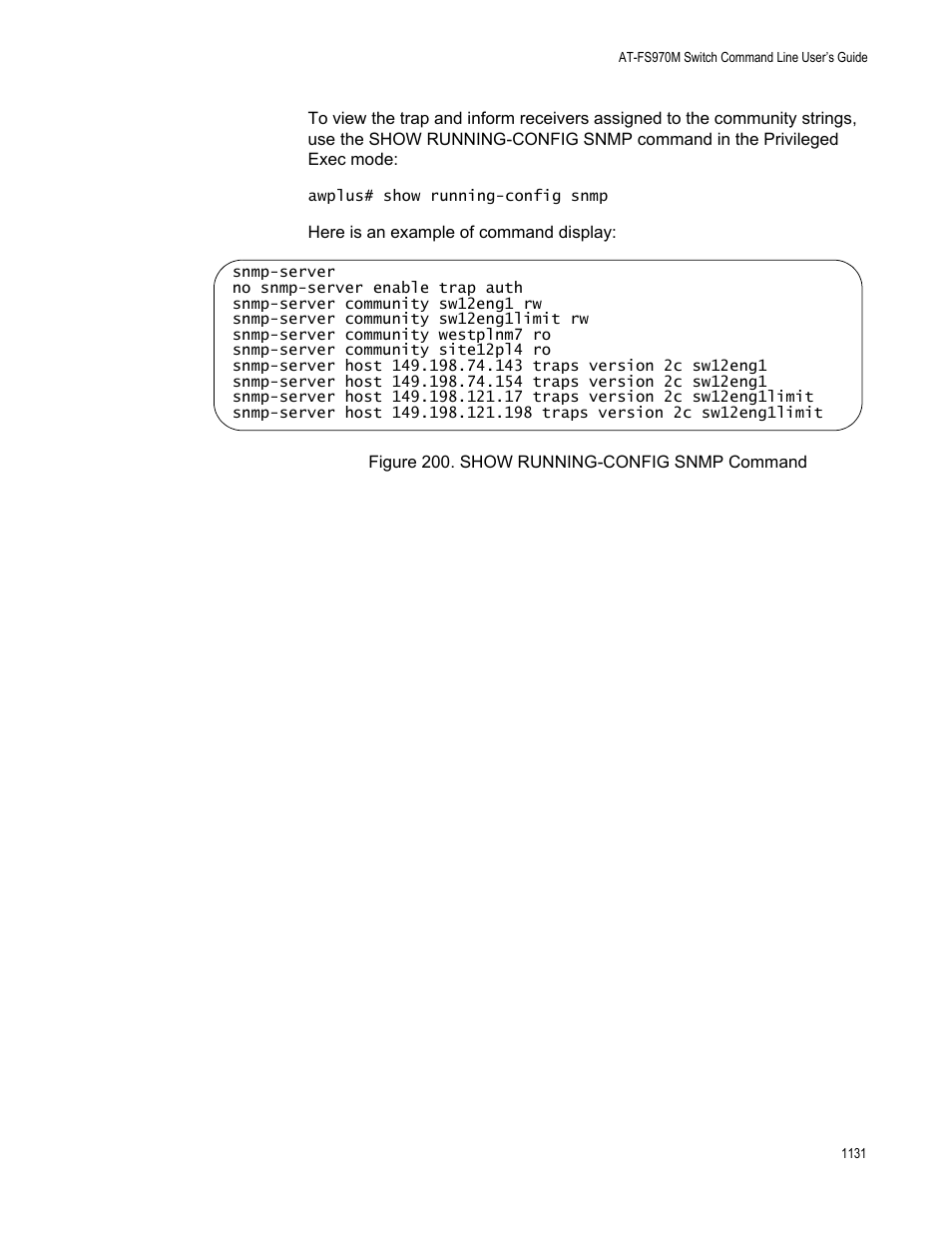 Figure 200. show running-config snmp command 1 | Allied Telesis AT-FS970M Series User Manual | Page 1131 / 1938