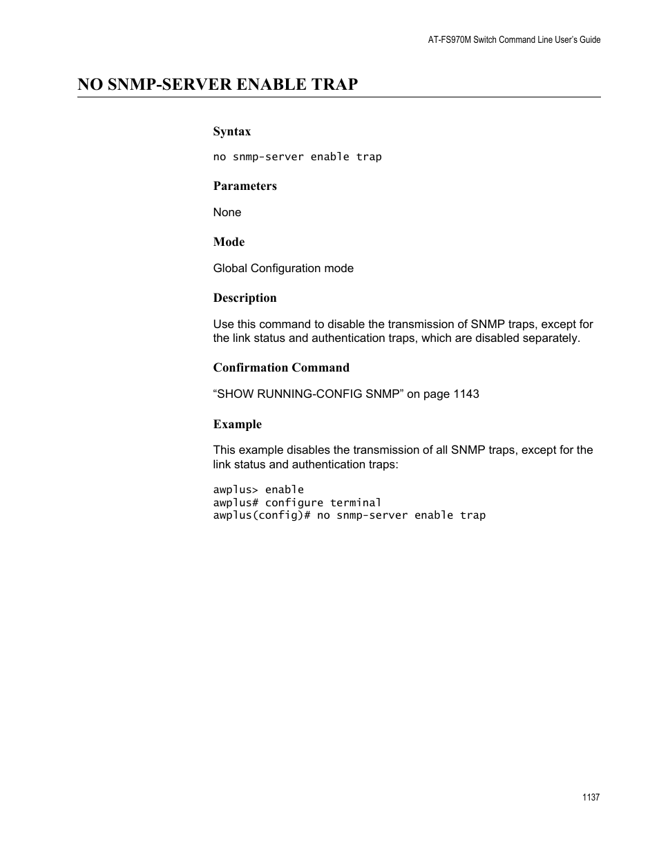 No snmp-server enable trap 7, No snmp-server enable trap | Allied Telesis AT-FS970M Series User Manual | Page 1137 / 1938