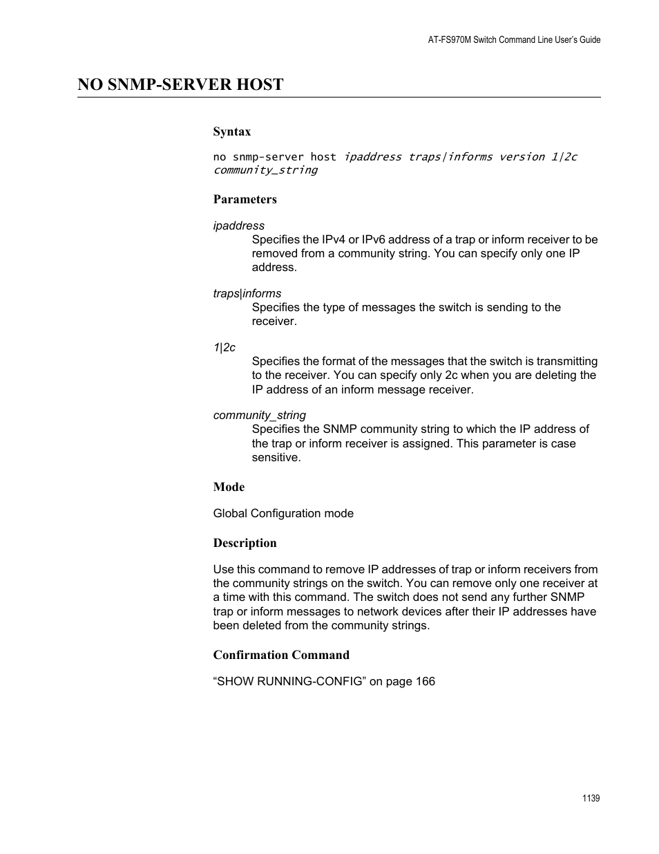 No snmp-server host 9, No snmp-server host | Allied Telesis AT-FS970M Series User Manual | Page 1139 / 1938