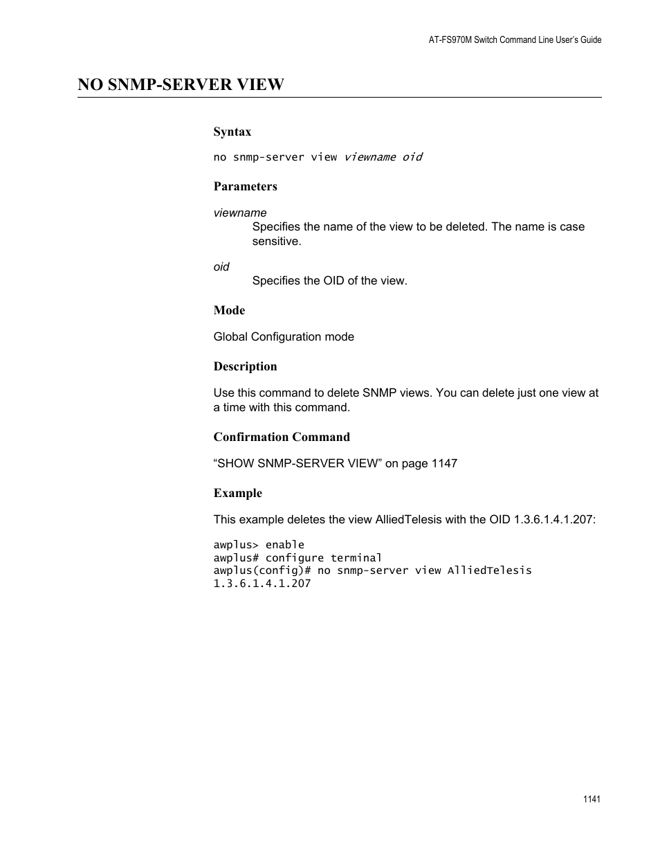 No snmp-server view 1, No snmp-server view | Allied Telesis AT-FS970M Series User Manual | Page 1141 / 1938