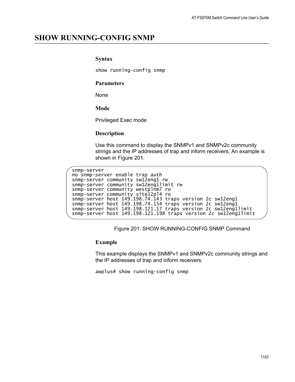 Show running-config snmp 3, Figure 201. show running-config snmp command 3, Show running-config snmp | Allied Telesis AT-FS970M Series User Manual | Page 1143 / 1938