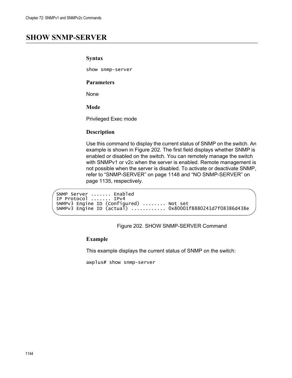 Show snmp-server 4, Figure 202. show snmp-server command 4, Show snmp-server | Allied Telesis AT-FS970M Series User Manual | Page 1144 / 1938