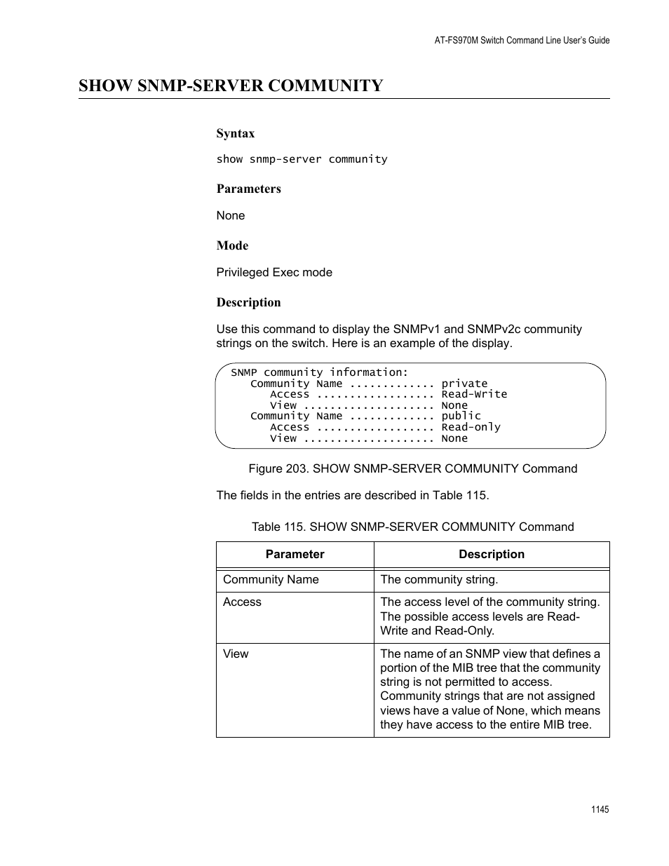 Show snmp-server community 5, Figure 203. show snmp-server community command 5, Table 115. show snmp-server community command 5 | Show snmp-server community | Allied Telesis AT-FS970M Series User Manual | Page 1145 / 1938