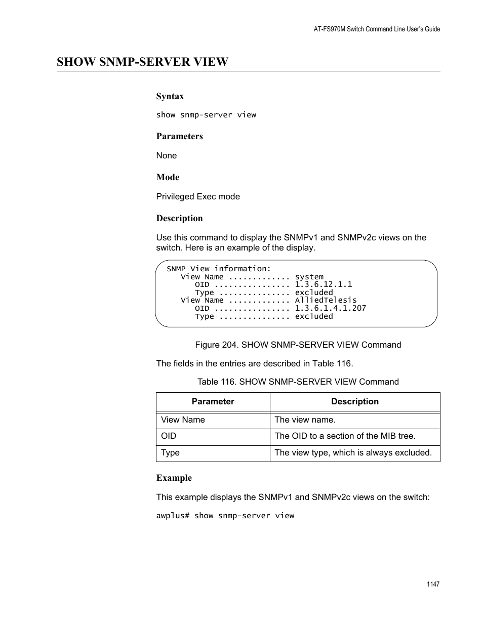 Show snmp-server view 7, Figure 204. show snmp-server view command 7, Table 116. show snmp-server view command 7 | Show snmp-server view | Allied Telesis AT-FS970M Series User Manual | Page 1147 / 1938