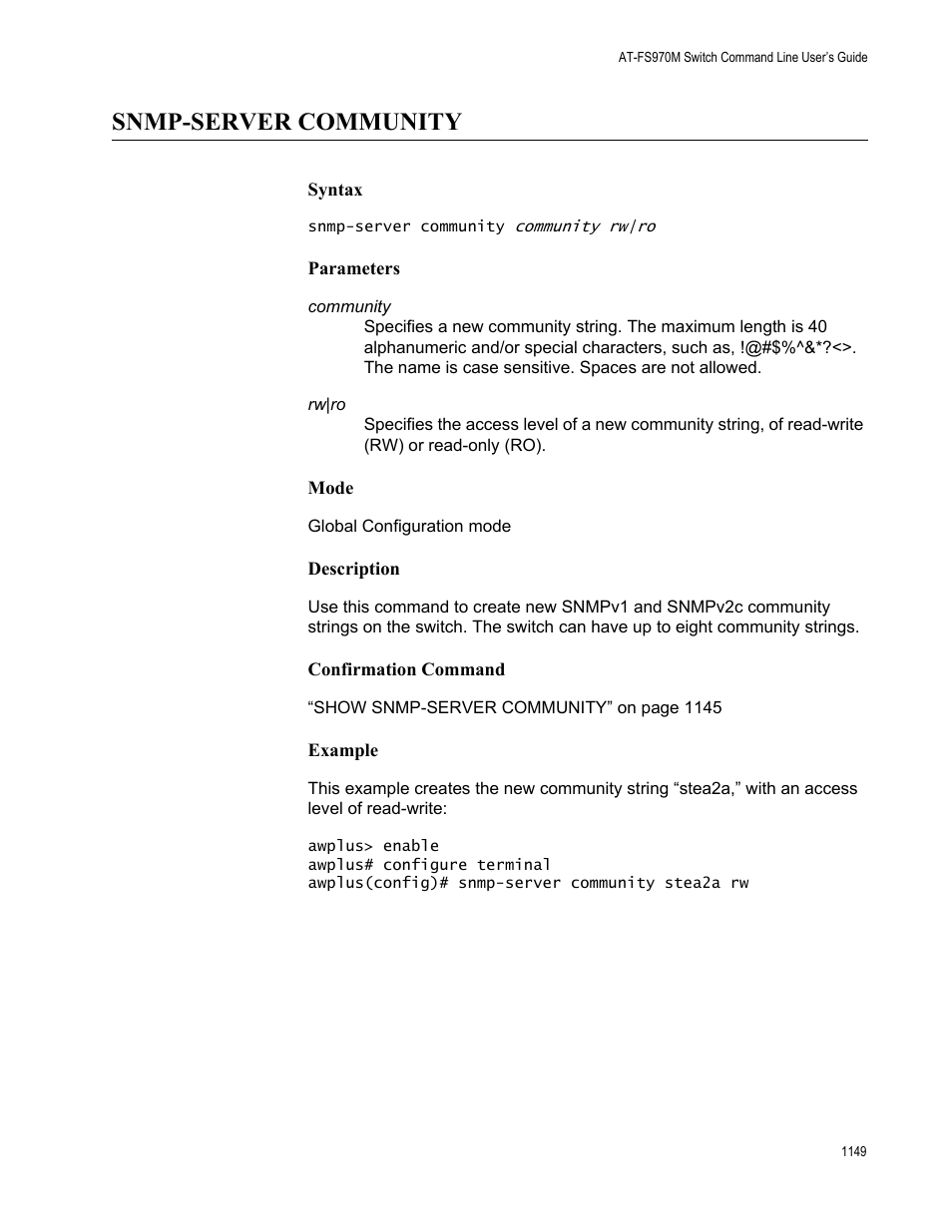 Snmp-server community 9, Snmp-server community | Allied Telesis AT-FS970M Series User Manual | Page 1149 / 1938