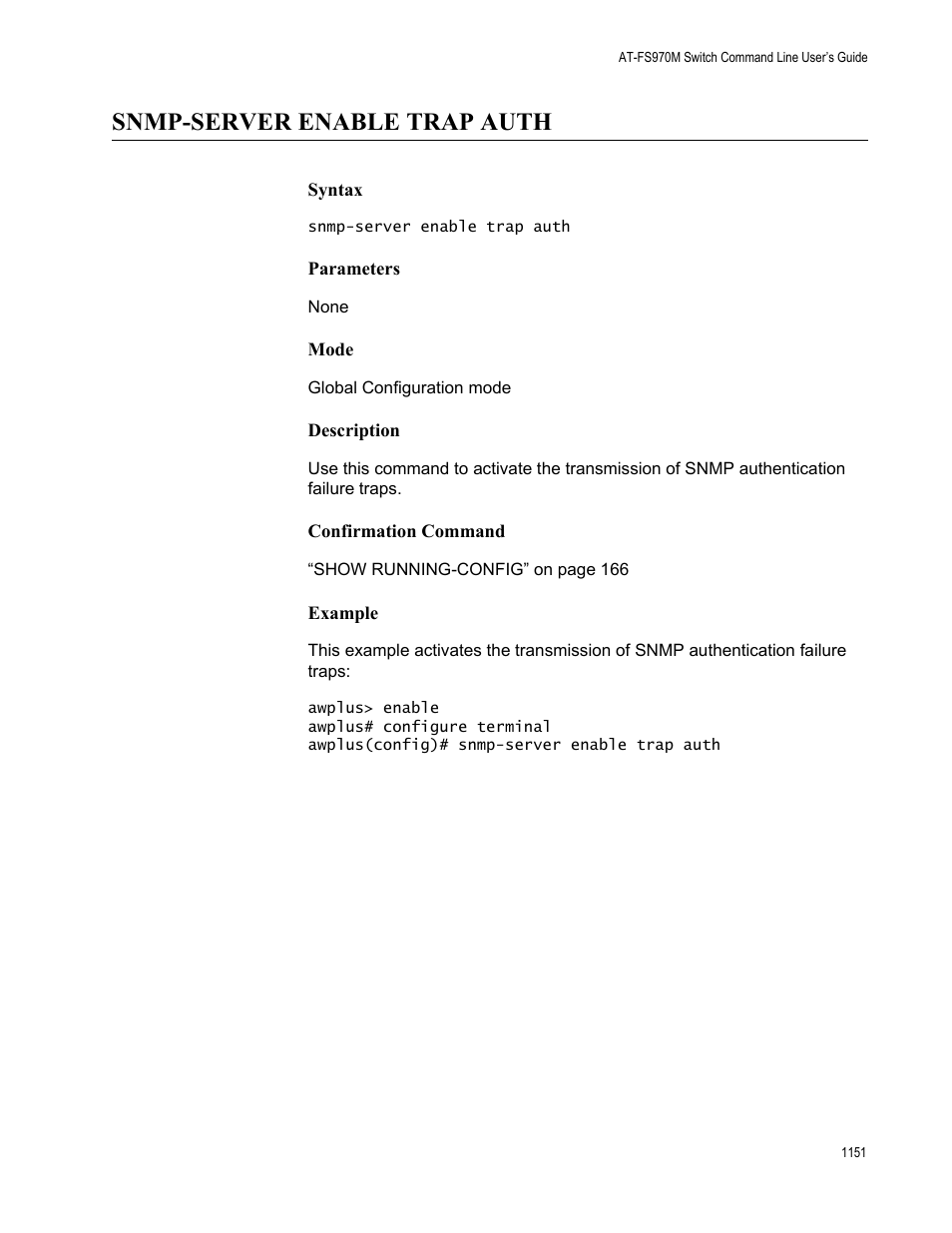 Snmp-server enable trap auth 1, Snmp-server enable trap auth | Allied Telesis AT-FS970M Series User Manual | Page 1151 / 1938