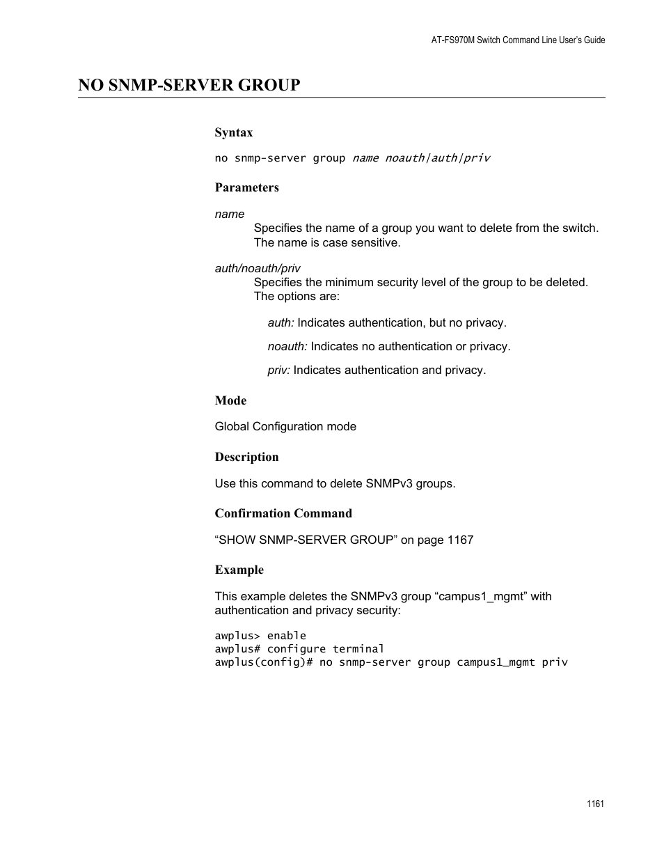 No snmp-server group 1, No snmp-server group | Allied Telesis AT-FS970M Series User Manual | Page 1161 / 1938