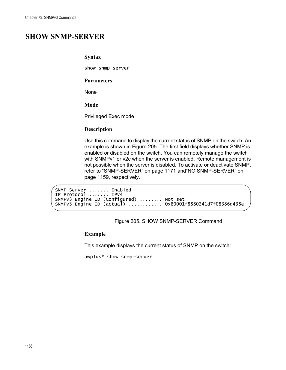 Show snmp-server 6, Figure 205. show snmp-server command 6, Show snmp-server | Allied Telesis AT-FS970M Series User Manual | Page 1166 / 1938