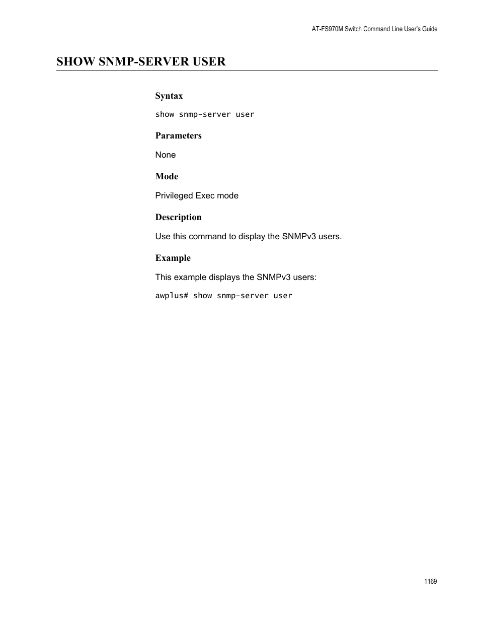 Show snmp-server user 9, Show snmp-server user | Allied Telesis AT-FS970M Series User Manual | Page 1169 / 1938