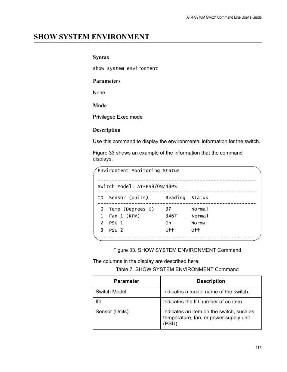 Show system environment, Figure 33. show system environment command, Table 7. show system environment command | Allied Telesis AT-FS970M Series User Manual | Page 117 / 1938