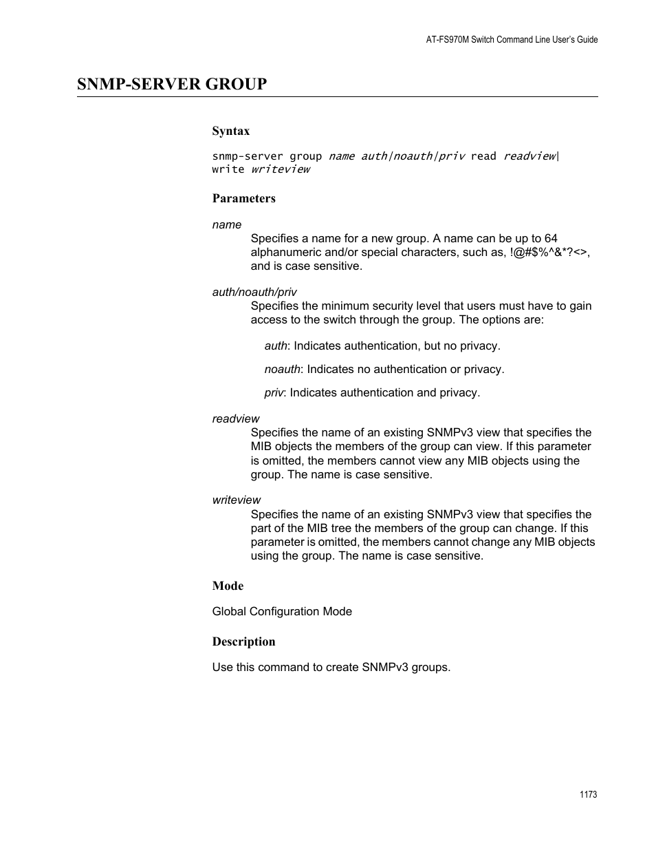 Snmp-server group 3, Snmp-server group | Allied Telesis AT-FS970M Series User Manual | Page 1173 / 1938