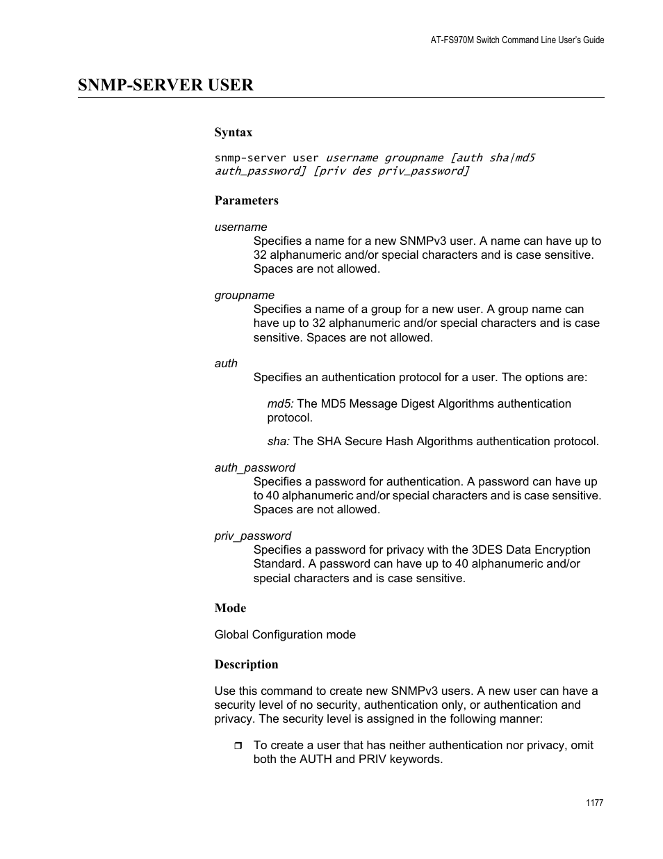 Snmp-server user 7, Snmp-server user | Allied Telesis AT-FS970M Series User Manual | Page 1177 / 1938