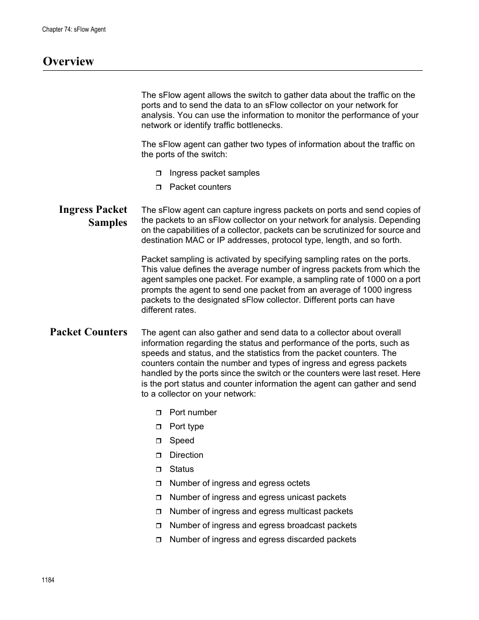 Overview 4, Ingress packet samples 4, Packet counters 4 | Overview, Ingress packet samples, Packet counters | Allied Telesis AT-FS970M Series User Manual | Page 1184 / 1938
