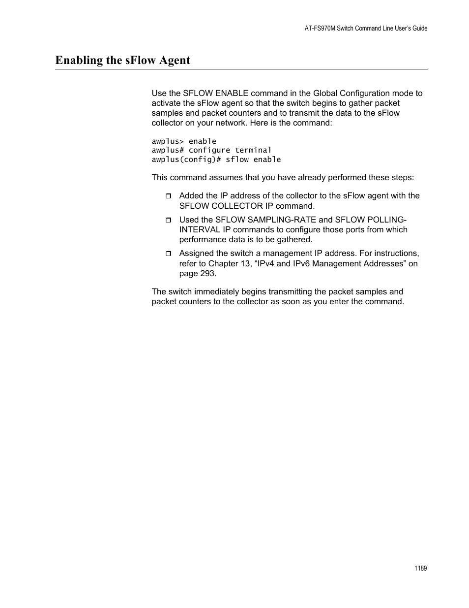 Enabling the sflow agent 9, Enabling the sflow agent | Allied Telesis AT-FS970M Series User Manual | Page 1189 / 1938